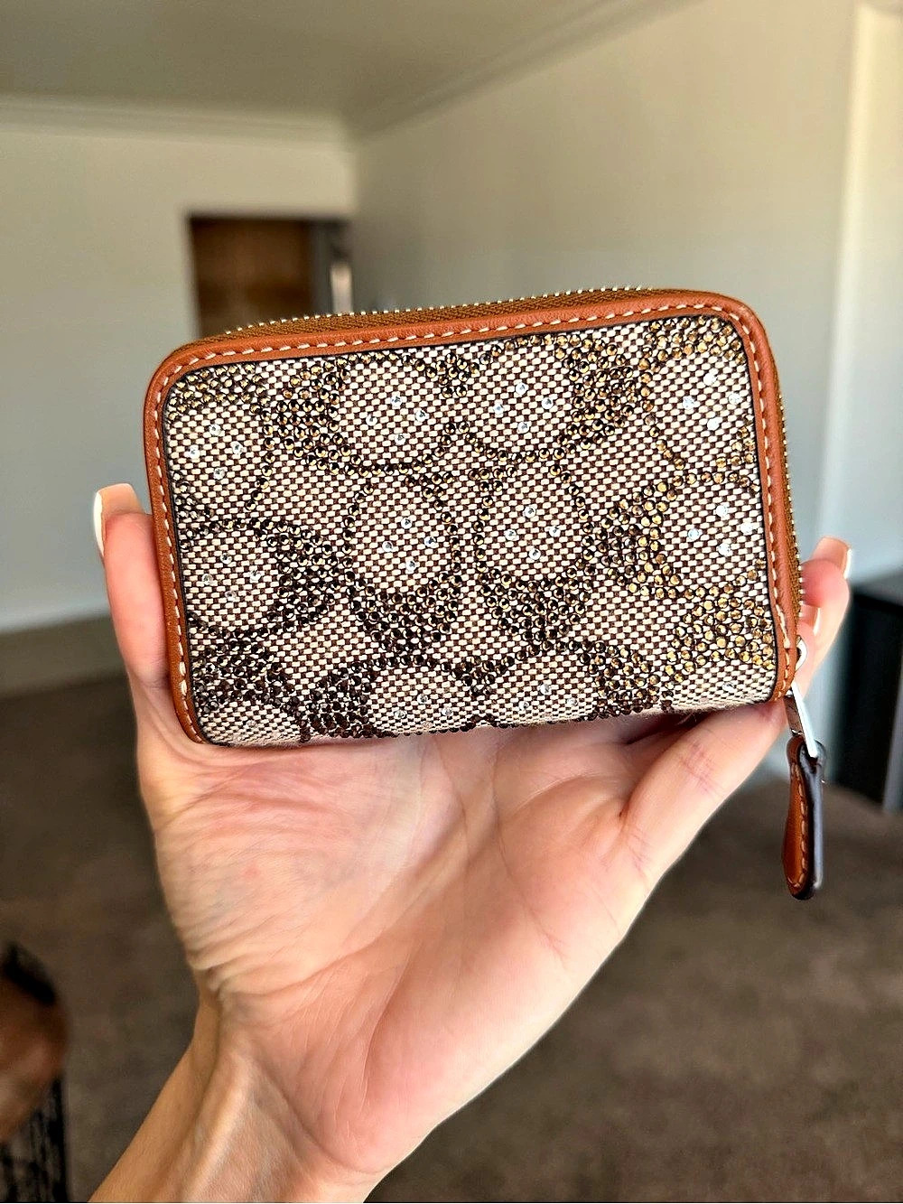 Bundle Coach Signature Crystal Embellished Small Zip Around Coin Case Wallet Bro